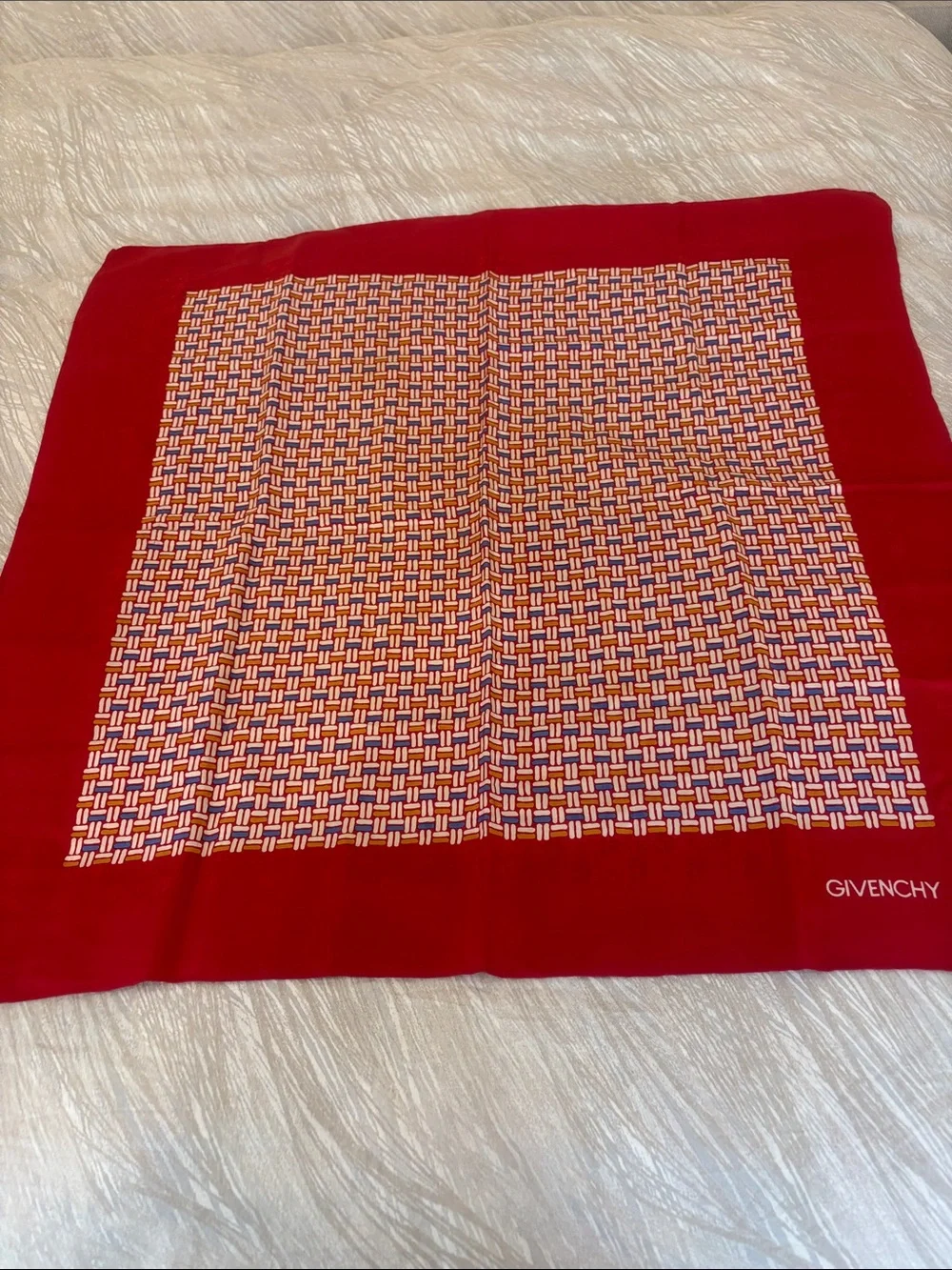 Givenchy Red and White Geometric Silk Square Scarf
